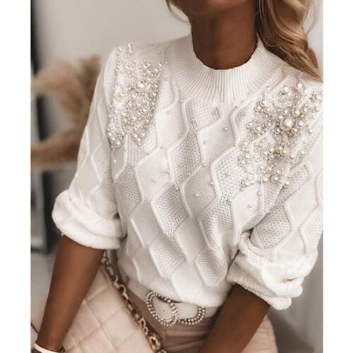 White Elegant Tops Autumn Winter Women Sweaters O Neck Clothing Beaded Decor Long Sleeve Knitted Pullover Warm Sweater Jumper