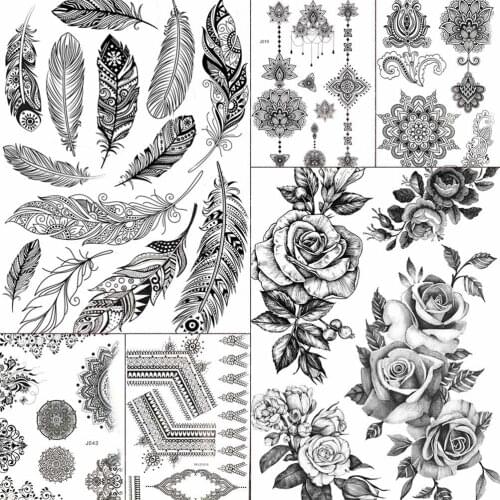 YURAN Bohemia Black Indians Feather Flower Chains Tattoos Stickers Women Girls Arm Chest Temporary Tatto Fake Waterproof Tattoo