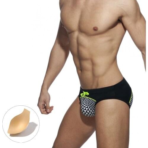 Mens Briefs Sexy Swim Beach Shorts Low waist Summer Swimwear For Men Black Patchwork Swimming Bottom Sponge Pad XX-611
