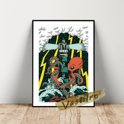 Giant Octopus Poster, Octopus Tentacles Wrapped Around Lighthouse Illustration Picture, Funny Animal Wall Stickers, Idea Gift