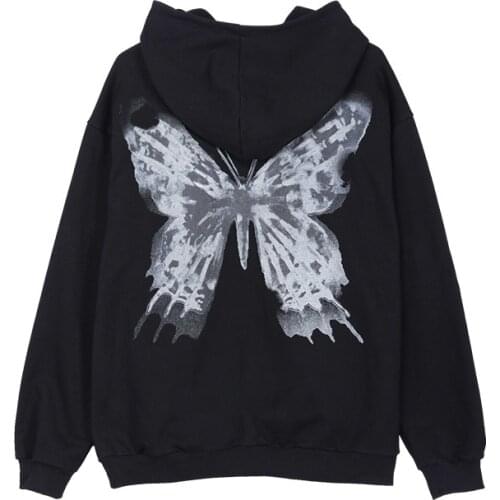 Womens Hooded Hip Hop Plus Size Hoodie Zipper Jacket Streetwear Butterfly Print Coat Gothic Harajuku Y2k Aesthetic Clothing Punk