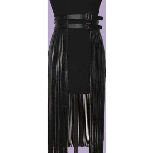 Fashion Boho Sexy Women PU Leather Skirts Belt Long Tassel Skirt Club Party Slim Fringe Skirt For Female Black Waist Belt Decora