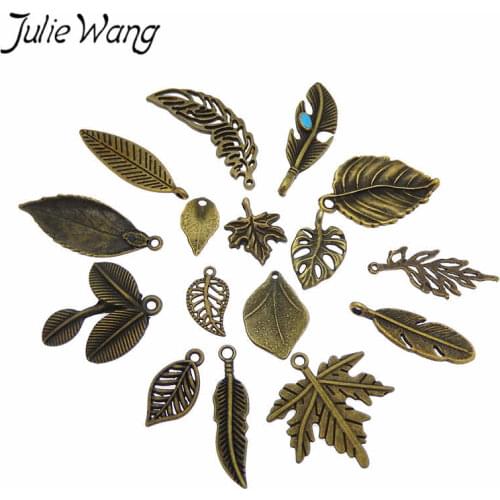 Julie Wang 10PCS Randomly Mix Vintage Leaves Charms Alloy Antique Bronze Leaf Bracelet Jewelry Making Pendant Accessory