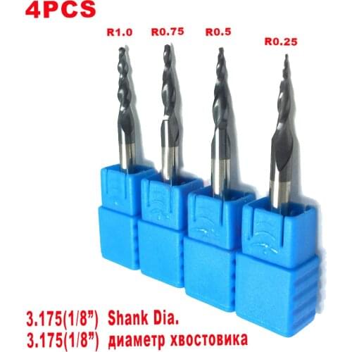 4pcs Cutting 0.25-1.0mm Milling Cutter 3.175mm Shank Carbide Ball Nose End Mill HRC55 CNC Engraving Router Bit Set