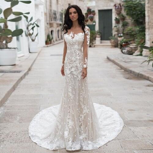 New Arrivals Long Sleeve Shiny Mermaid Wedding Gowns Boho Robe De Mariee Sirene Appliques Tulle Elegant Dresses China