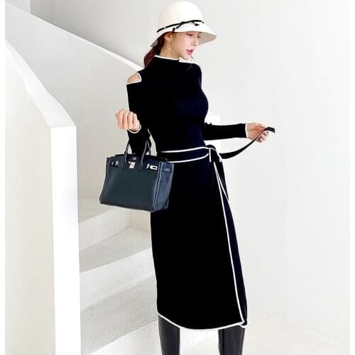 Autumn Winter Elegant Stretched Knitted Dress Women Off Shoulder Long Dresses Long Sleeve Bodycon Dress Women With Belt SL137