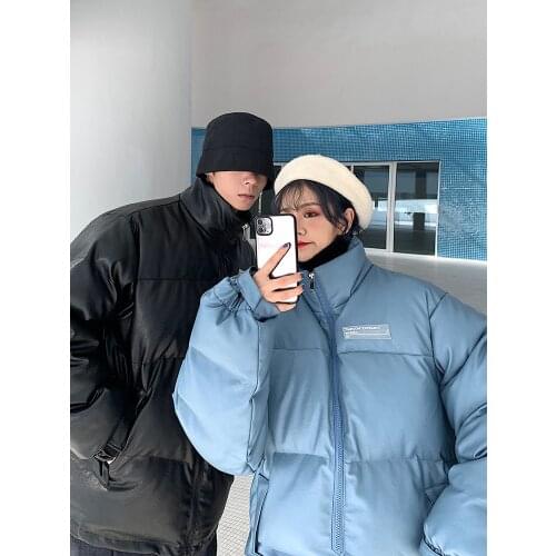 Couples cotton padded clothes winter clothes ins stand collar leather coat cotton padded clothes womens Korean loose bread