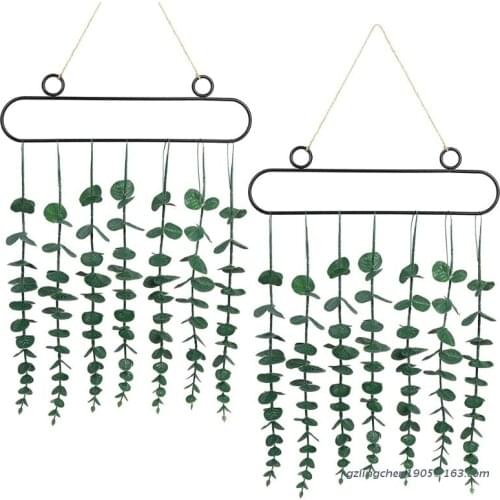 2 Pieces Artificial Eucalyptus Wall Hanging Pendant Fake Greenery Leaves Rustic Boho Window Decoration with Metal Frame