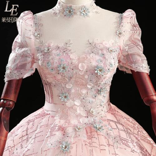 Pink/grey embroidery flower beading court ball gown royal Medieval Renaissance Victorian dress Belle ball