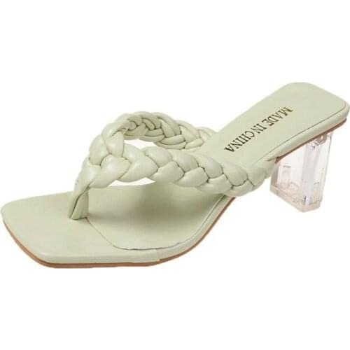 Summer Womens shoes PU Braid Sandals Shoes Super High Heels 8CM Flip-flops Fashion Sexy Crystal heel Square Toe Ladies Sandals