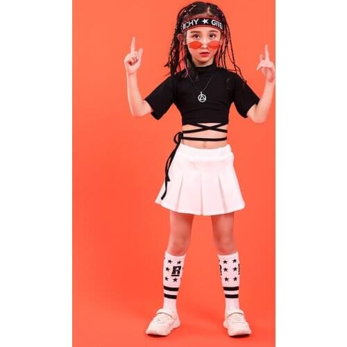 Stylish Girls Kids Clothes Two Pieces Sets Suit White Skirts Bare Waist Navel Short Sleeve T-shirt Cheerleader Team Sets Party