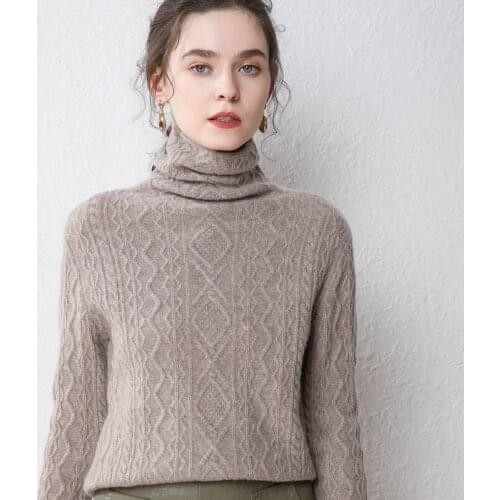 Zocept Winter New 100% Wool Sweaters Womens Fashion Computer Knitting Twist Pattern Design Full Sleeve Turtleneck Pullovers