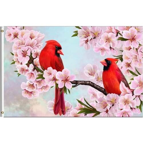 Spring Summer Bird Flag Red Cardinal Branch Almonds Blossom Flowers Garden Yard House Flags Season Greeting Banner Indoor