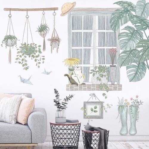 Zerolife Plant Wall Stickers Cartoon Cat By The Window Palm Leaf Wall Decals For Kids Room PVC Removable Decorative Wall Sticker