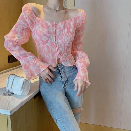 French retro square neck pleated chiffon shirt womens floral crop tops short design women fashion blouse