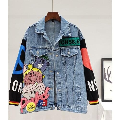 Cartoon Sequins Denim Jackets Women Loose Matching Color Long Jacket Streetwear Fashion Splicing Long Sleeve Female Jeans Coats