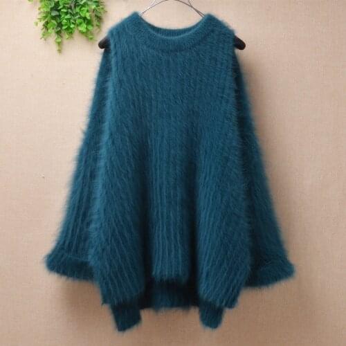 Women clothing female hairy mink cashmere knitted three quarter sleeves slit loose pullover angora rabbit fur jumper sweater top