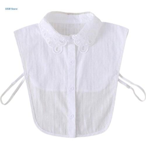 Women Autumn Sweet Hollow Out Floral Lace Lapel False Fake Collar Button Down Striped Jacquard White Detacahble Half Shirt