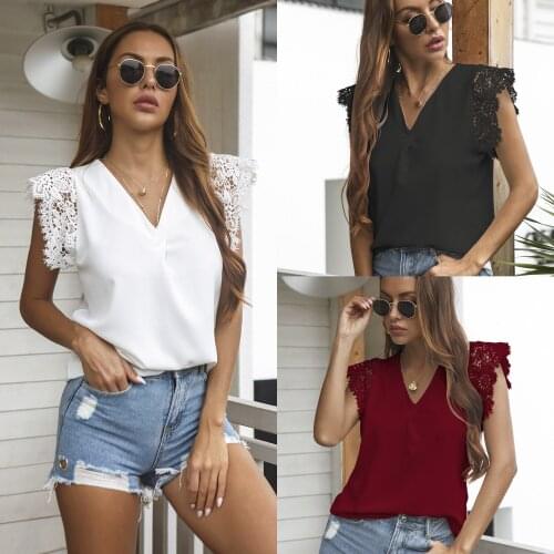 Summer Women T-Shirts Solid Color Sexy V-Neck French Lace Style Chiffon Patchwork Black White Female Tee Spring Tops C2577