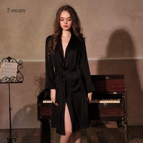 Womens fun pajamas European and American sexy deep V silk medium length robe bathrobe suit home clothes