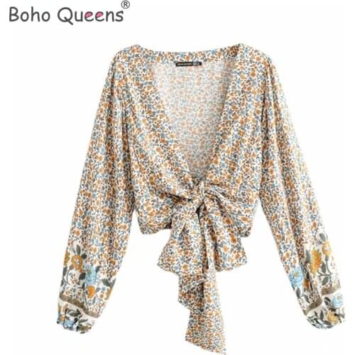 Boho Queens happie Women floral print rayon bohemian blouses shirt ladies loose crop top long sleeve boho shirts blusas kimono