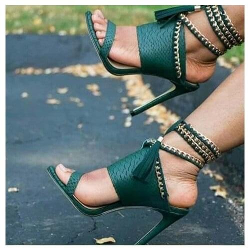 Lace up Woman Green Sandals Metal Chains Decor High Heel Pumps Tassel Design Thin Heel Cut-out Female Dress Shoes Big Size 11