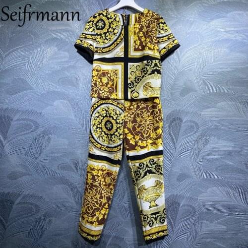 Seifrmann New 2021 Summer Women Fashion Runway Pants Set Short Sleeve Printed Tops + High Waist Long Pants 2 Two Pieces Suits