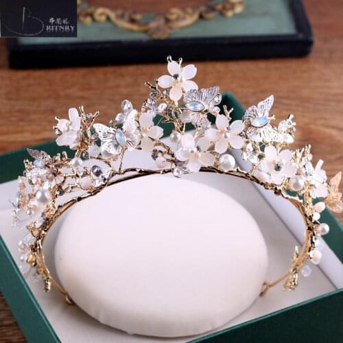 BRITNRY Vintage Flowers Crystal Pearls Wedding Headbands For Women Handmade Bride Headdress Hair Accessories