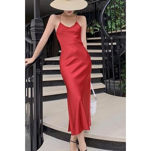 2021 Women Satin V Neck Sexy Dress red Straight Party Dress Elegant Female Summer Spaghetti Strap Dress Casual