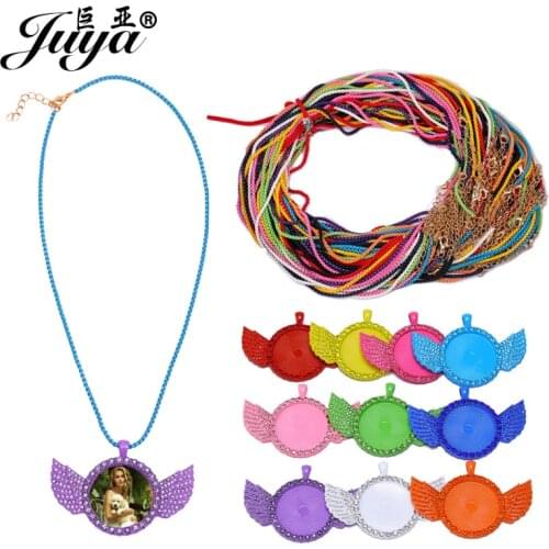 20pcs/set Colorful Wings Pendant Base 30mm Blank Tray Diamond Charms With 50cm Chains For DIY Jewelry Making Accessories