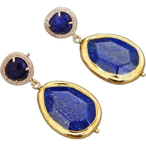 GG Jewelry Natural Water drop Lapis Lazuli Sodalite Gold Plated Stud Earrings CZ Paved