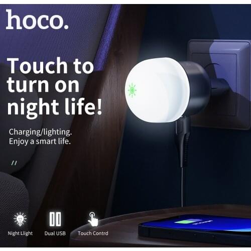 Hoco Dual USB Port Phone Charger With Touch Control Night Light For iPhone 12 Mobile Phone Chargers EU Plug Adapter For Samsung