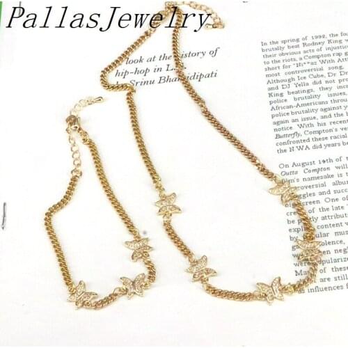 3Set 2021 Fashion Jewelry Gold Plated Cubic Zircon Butterfly Copper Chain Necklace & Bracelet For Woman
