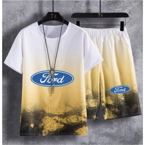 Summer Mens short sleeve Ford Car Logo Printing Cotton High Quality Casual Mens short sleeve P+ pants 2-piece suit
