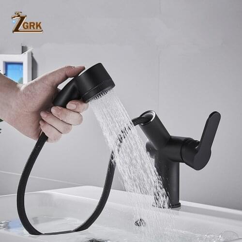 ZGRK Brass Pull Out Faucets Single Handle Cold And Hot Tap Bathroom Faucet Deck Mounted Sink Faucet Black Bathroom Mixer