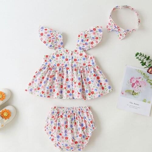 Summer Infant Baby Girls Cotton Clothing Sets Flying Sleeve Printing T-shirt+PP Shorts Toddler Baby Girls Clothes Suit