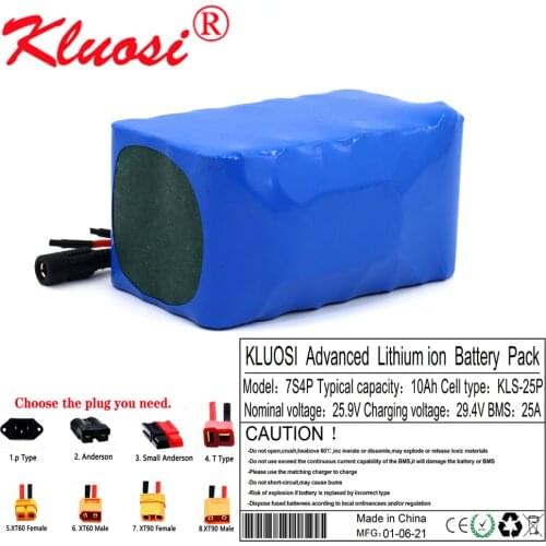 KLUOSI 25.2V 24V 10Ah 500W 7S4P 29.4V Lithium Battery Pack with 25A BMS for Electric Moped Ebike Scooters Bicycle Wheelchair Etc