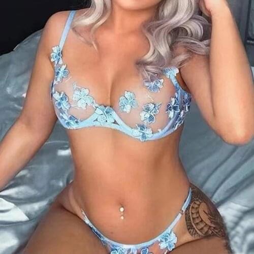 New Sexy Bra Embroidery Flowers Perspective Lace Mesh Sensual Lingerie Underwear Women Bralette Transparent Hollow out Bra Sets