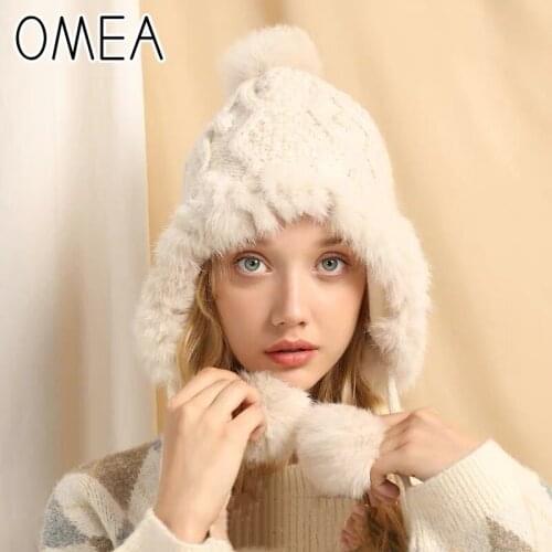 OMEA Women Hat Winter Lovely angora Rabbit Fur Hat with Pom Pom Outdoor Bomber Hat Ushanka Thicken Knitted Russian Hat Ear Flap