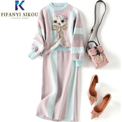 Autumn Winter Womens knitted Two piece set Fashion Cartoon Embroidery Stripe 2 piece set Women Sweater And Skirt Cute Women set