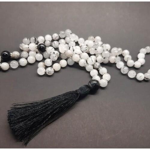 108 Mala Beads Necklace Women 8mm Tourmalinated Q-uartz Beaded Meditation Necklace Healing Crystal Energy Necklace With Tassel