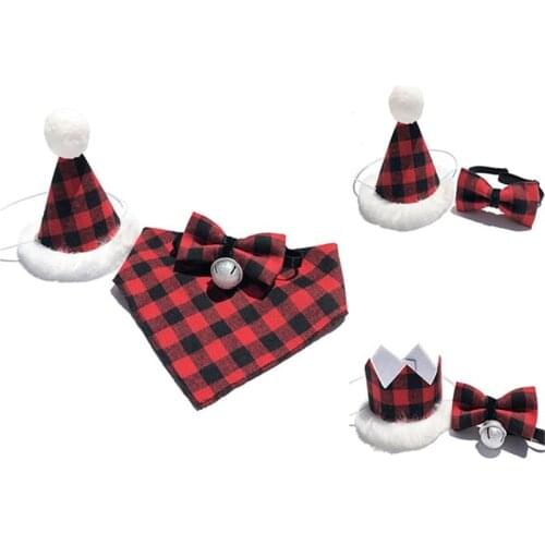Christmas Pet Dog Party Bowtie Collar with Bell Check Headwear Cap Dog Accessories