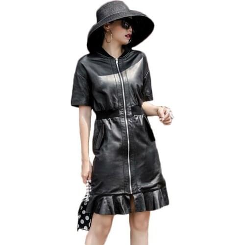 2020 Short Sleeve Ruffles Real Dress Coat Women Casual Sheepskin Genuine Leather Midi Long Jacket Slim Clothes Female