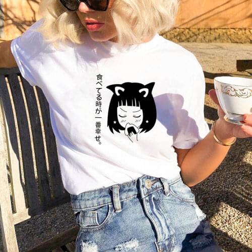 Eating Girl with Japanese Letters Print 100%Cotton Women T Shirt Cool Girls Funny Summer Casual Short Sleeve Top Hipster Tee