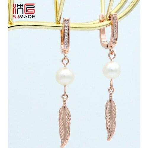 SJMADE Elegant Long Fashion Natural Pearl Dangle Earrings Korean Temperament 585 Rose Gold For Women Girl Wedding Jewelry Gift