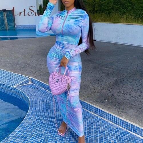 ArtSu Autumn Club Tie Dye Print Long Dress Woman Fashion Long Sleeve Ruched Elastic Bodycon Maxi Dresses Sexy Party Wear