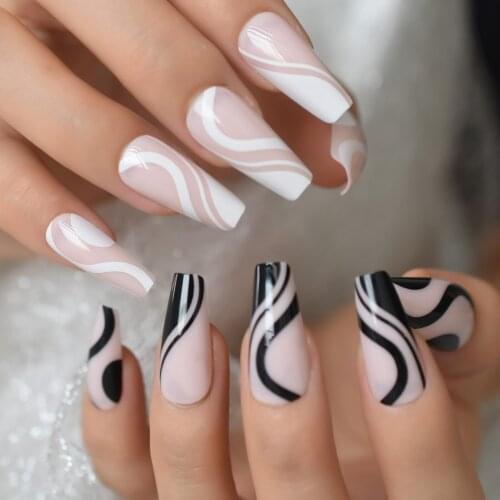 Long Coffin False Press On Nails Pink Black White Abstract Art Fake Nails Ballerina Full Cover Gel Glossy Acrylic Nail Tips Kit