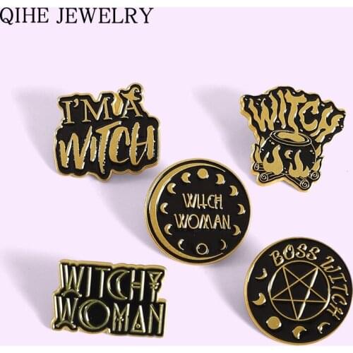 Black Witch Enamel Pins Pentagram Moon Magic Hat Brooches for Women Gothic Punk Lapel Pin Badge Anime Jewelry Gift Wholesale