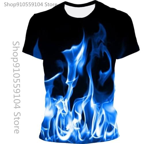 2021 New Summer MenS T-Shirt, High Quality, Fashionable Promotion, Round Neck T-Shirt, Short Sleeve Blue Red Flame 3d Printing
