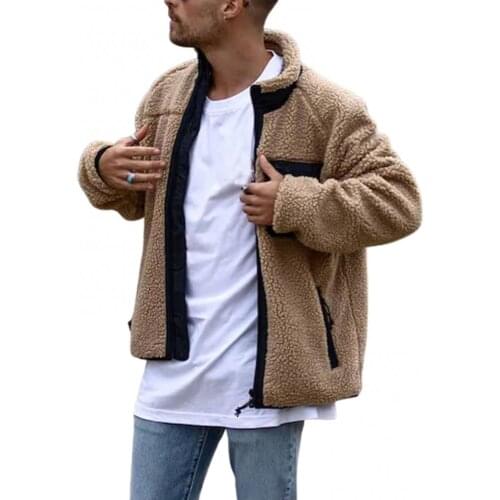 Men Winter Long Sleeve Stand Collar Faux Fleece Zipper Pocket Warm Coat Jacket